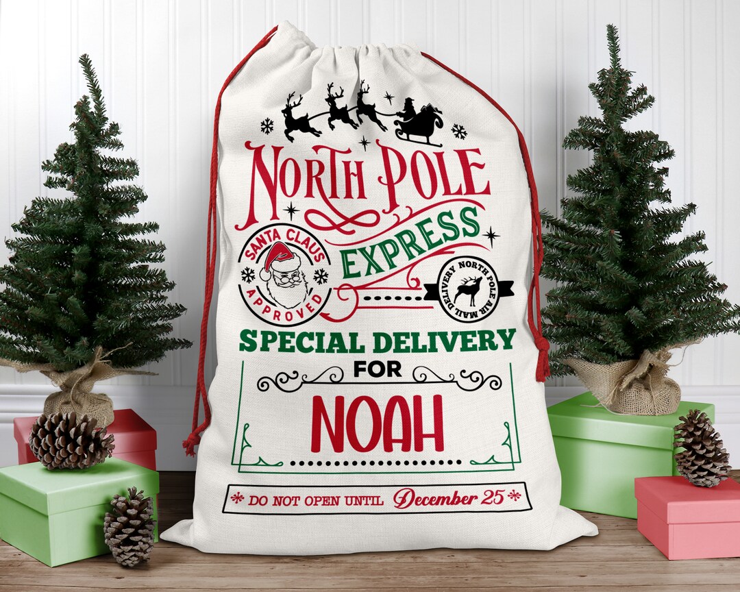 Personalized North Pole Santa Sack, Present Bag, Christmas Gift Sack, Gift Bag For Girl or Boy, Christmas Decor, Large Canvas Gift Bag MakerPlace by